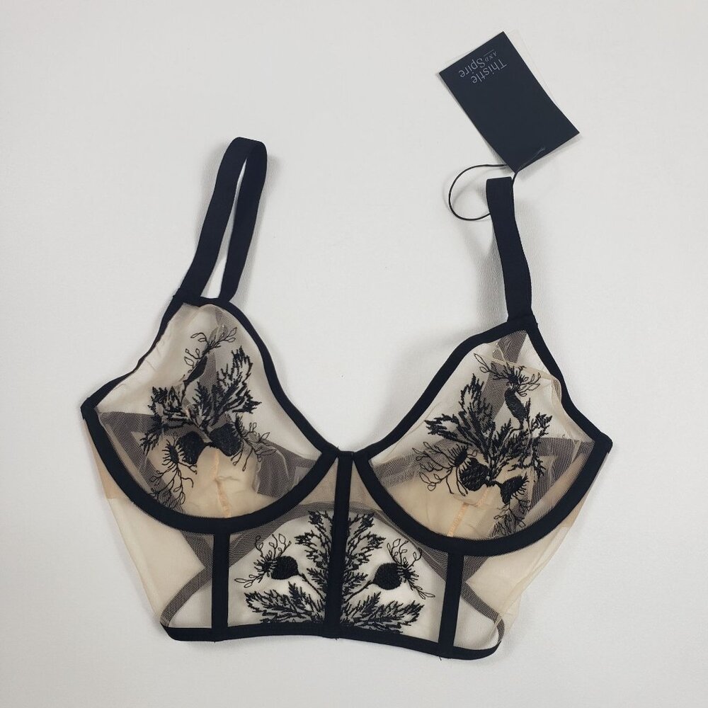 Thistle and Spire Verona Embroidered Longline Bra Women's 32DD Black Nude Mesh - Picture 15 of 16